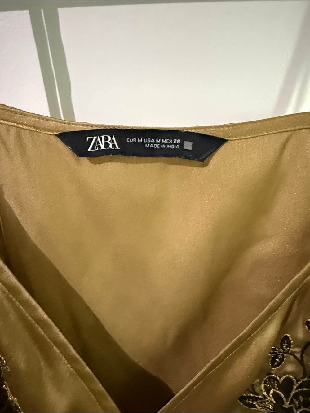 Zara Camel Satin Embroidered Spaghetti Strap Cami with Gold Thread - Picture 2 of 6